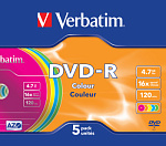 54128 Диск DVD-R Verbatim 4.7Gb 16x Slim case (5шт) Color (43557)