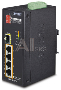 1000467474 Коммутатор Planet ISW-514PTF индустриальный PoE для монтажа в DIN-рейку/ IP30 4-Port/TP + 1-Port Fiber(SFP) POE Industrial Fast Ethernet Switch (-40 to 75 C)