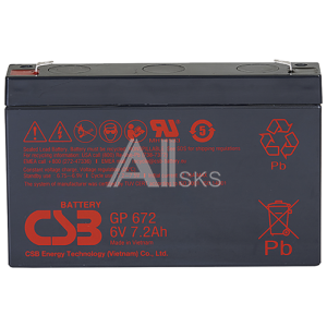 1000677397 Батарея CSB серия GP, GP672, напряжение 6В, емкость 7.2Ач (разряд 20 часов), макс. ток разряда (5 сек.) 100/130А, ток короткого замыкания 259А, макс.