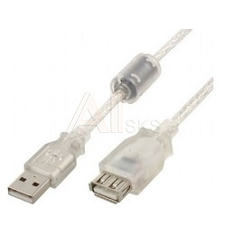 1443818 Cablexpert Кабель удлинитель USB2.0 Pro, AM/AF, 4,5м, экран, 2 феррит.кольца, прозрачный (CCF-USB2-AMAF-TR-15)
