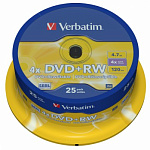 40409 Диск DVD+RW Verbatim 4.7Gb 4x Cake Box (25шт) (43489)