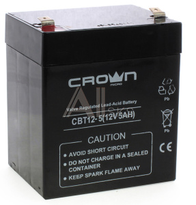 1000403571 Батарея CROWN напряжение 12В, ёмкость 5 А/Ч, размеры (мм) 88х68х100, вес 1,8 кг, тип клеммы - F1, тип АКБ - свинцово кислотная с загущеным в гель