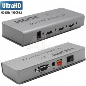 1504651 ORIENT HDMI 4K Splitter HSP0102H-2.0, 1->2, HDMI 2.0/3D, UHDTV 4K/ 60Hz (3840x2160)/HDTV1080p, HDCP2.2, EDID управление, RS232 порт, IR вход, БП 5В/1.
