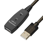 GCR-53805 GCR Удлинитель активный 7.5m USB 2.0, AM/AF, GOLD, черно-прозр, с усилителем сигнала, разъём для доп.питания, 28/24 AWG (UECa5)