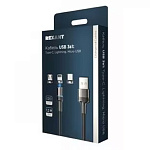 11040037 Rexant (18-7076) Кабель USB 3в1 Type-С (2A), Lightning (2,4A), Micro USB (2A), 1,2м, в черной оплетке, с LED подсветкой