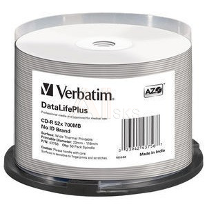 801103 Диск CD-R Verbatim 700Mb 52x Cake Box (50шт) Printable (43756)