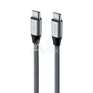 DCCCUNC Кабель UNICO USB-С - USB-С, 2,1А, 5V/3A, 9V/2A, Power Delivery, 480 Мбит/с, нейлон, металл, 1м, серый, RTL BOX
