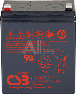 1000677433 Батарея CSB серия GP, HR1227W F2, напряжение 12В, емкость 7.5Ач (разряд 20 часов), 27 Вт/Эл при 15-мин. разряде до U кон. - 1.67 В/Эл при 25 °С,