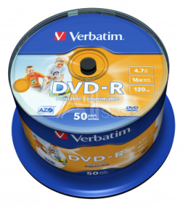 51601 Диск DVD-R Verbatim 4.7Gb 16x Cake Box (50шт) Printable (43533)