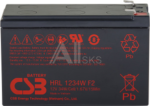 1000677446 Батарея CSB серия HRL, HRL1234W F2 FR, напряжение 12В, емкость 8.5Ач (разряд 20 часов), 34 Вт/Эл при 15-мин. разряде до U кон. - 1.67 В/Эл при 25 °С,