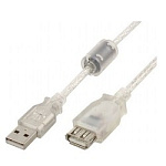 1443817 Cablexpert Кабель удлинитель USB2.0 Pro, AM/AF, 3м, экран, 2 феррит.кольца, прозрачный (CCF-USB2-AMAF-TR-10)