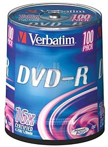 54127 Диск DVD-R Verbatim 4.7Gb 16x Cake Box (100шт) (43549)