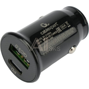 11035086 Cablexpert Автомобильное зарядное устройство 20Вт, 3А, QC3.0/PD, 1xUSB, 1xType-C, черный, пакет (MP3A-UC-CAR23)