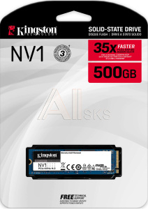 1000619576 Твердотельный накопитель/ Kingston SSD NV1, 500GB, M.2 22x80mm, NVMe, PCIe 3.0 x4, R/W 2100/1700MB/s, TBW 150, DWPD 0.27 (3 года)