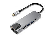 1974913 Bion Мульти переходник USB Type-C - USB Type-C/2*USB-A 3.0/HDMI/RJ-45 1000мб/с, 60W, алюминиевый корпус, длинна кабеля 10 см [BXP-A-USBC-MULTI-03]