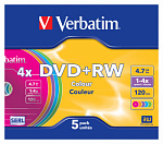 38363 Диск DVD+RW Verbatim 4.7Gb 4x Slim case (5шт) Color (43297)