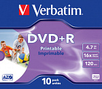 44043 Диск DVD+R Verbatim 4.7Gb 16x Jewel case (10шт) Printable (43508)