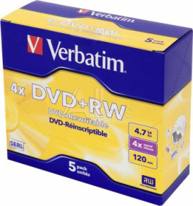 551597 Диск DVD+RW Verbatim 4.7Gb 4x Jewel case (5шт) (43229)