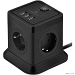 Cablexpert Сетевой фильтр Tower TWR-4-U3-B-3 (4р, 10А, 3xUSB, 3.1А, 3м, ур.защиты 2+) черный, коробка {22559}
