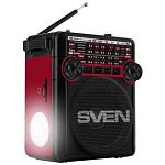 1858024 SVEN SRP-355, красный, радиоприемник, мощность 3 Вт (RMS), FM/AM/SW, USB, SD/microSD, фонарь, встроенный аккумулятор