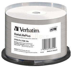 440338 Диск DVD-R Verbatim 4.7Gb 16x Cake Box (50шт) Printable (43744)