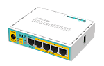 RB750UPr2 MikroTik hEX PoE lite with 650MHz CPU, 64MB RAM, 5xLAN (four with PoE out), USB, RouterOS L4, plastic case and PSU