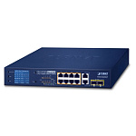 1000467284 коммутатор/ PLANET 8-Port 10/100TX 802.3at PoE + 2-Port Gigabit TP/SFP combo Desktop Switch with LCD PoE Monitor(120W)