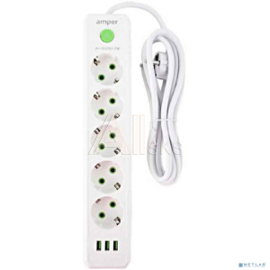 Amper сетевой удлинитель, 2,0м, 5 розеток, 10А, 2500 Вт, 3usb, белый. [JH-1033U-2W]