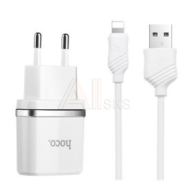 1882755 HOCO HC-47766 C12/ Сетевое ЗУ + Кабель Lightning 1m/ 2 USB/ Выход: 12W/ White