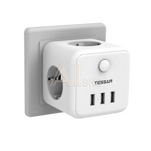 1970470 TESSAN TS-301-DE White Сетевой фильтр с 3 розетками 220В и 3 USB портами и кнопкой питания {80001834}