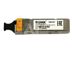 D-Link 330T/3KM/A1A WDM SFP Transceiver with 1 1000Base-BX-D port.Up to 3km, single-mode Fiber, Simplex SC connector, Transmitting and Receiving wavel