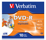 49434 Диск DVD-R Verbatim 4.7Gb 16x Jewel case (10шт) Printable (43521)